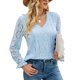 thumbnail image 1 of Blusa de encaje para mujer, fibra de poliéster, cuello en V, Color puro, manga larga, Otoño Invierno, encaje hueco, costura, camisetas para mujer, 1 of 8