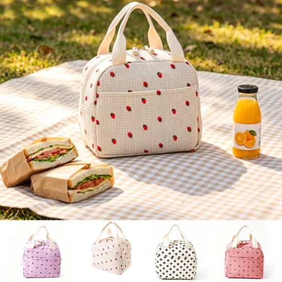 UNLLLL Portable Insulated Lunch Bag with Ice Pack, Corduroy Bento Tote, Thermal Food Storage Carrier, for Work Picnic Camping Daily Use (White, Flower)