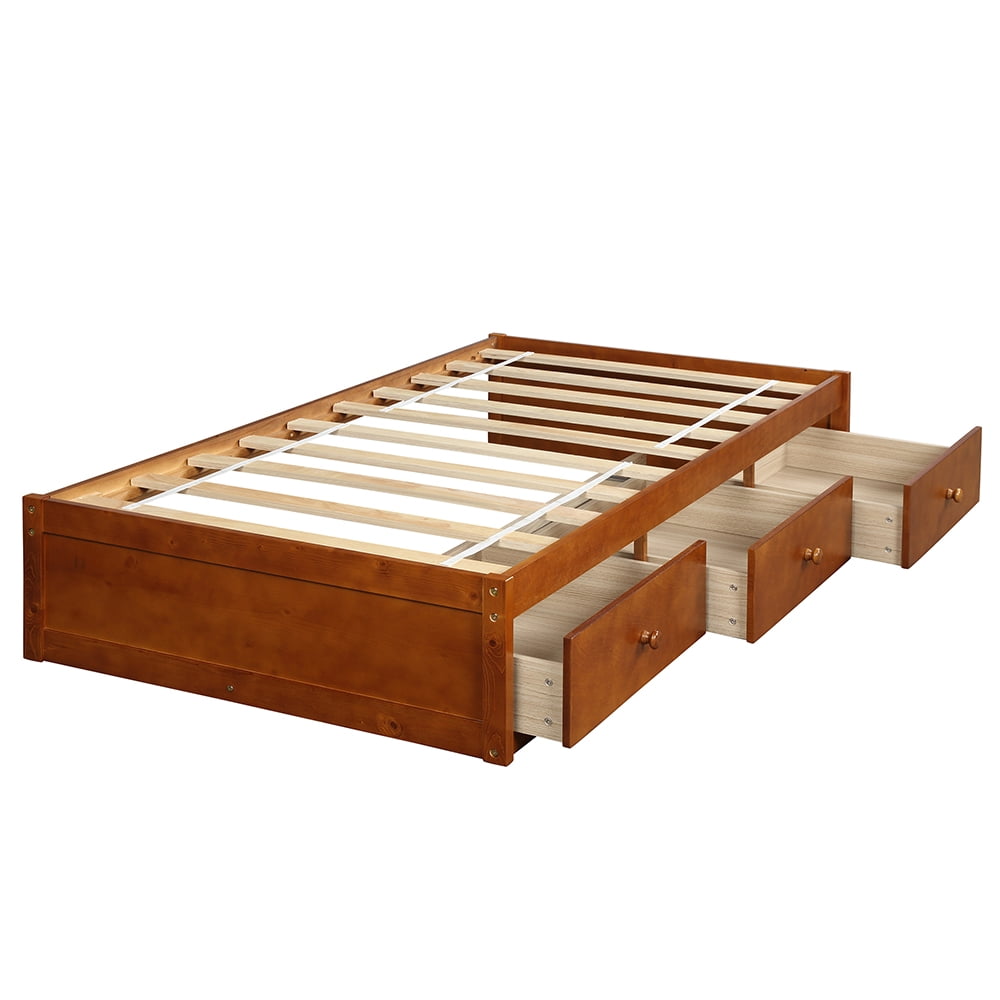 Private Jungle Solid Wood Twin Size Bed with Storage, Platform Bed with 3 Drawers-Oak