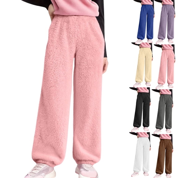Gamivast Fleece Pants for Kids Girls Fuzzy Straight Leg Warm Winter Pants Loose Casual Elastic Waist Pull on Sweatpants Loungewear Long Cuffed Pants for 5-15 Years Old