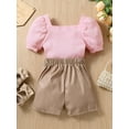 thumbnail image 3 of TSEXIEFOOFU Toddler Girls Summer Outfit Sets Pink Short Sleeve Knit Ribbed Tops + Brown Button Shorts, 3 of 9