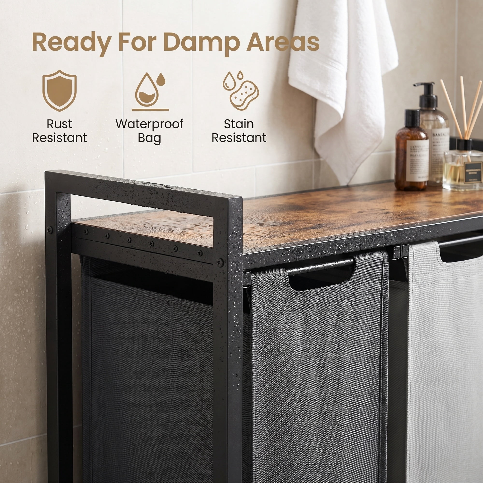 Ledrem 3-Bag Laundry Sorter Hamper with Pull-Out Bags and Shelf, Tricolor and Rustic Brown