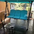 thumbnail image 3 of PURPLE LEAF Outdoor Patio Porch Swing with Stand, 3-Seat Swing Chair with Adjustable Tilt Canopy All-Weather Steel Frame for Backyard Front Porch Lawn, Cushions and Pillow Included, Turquoise Blue, 3 of 11
