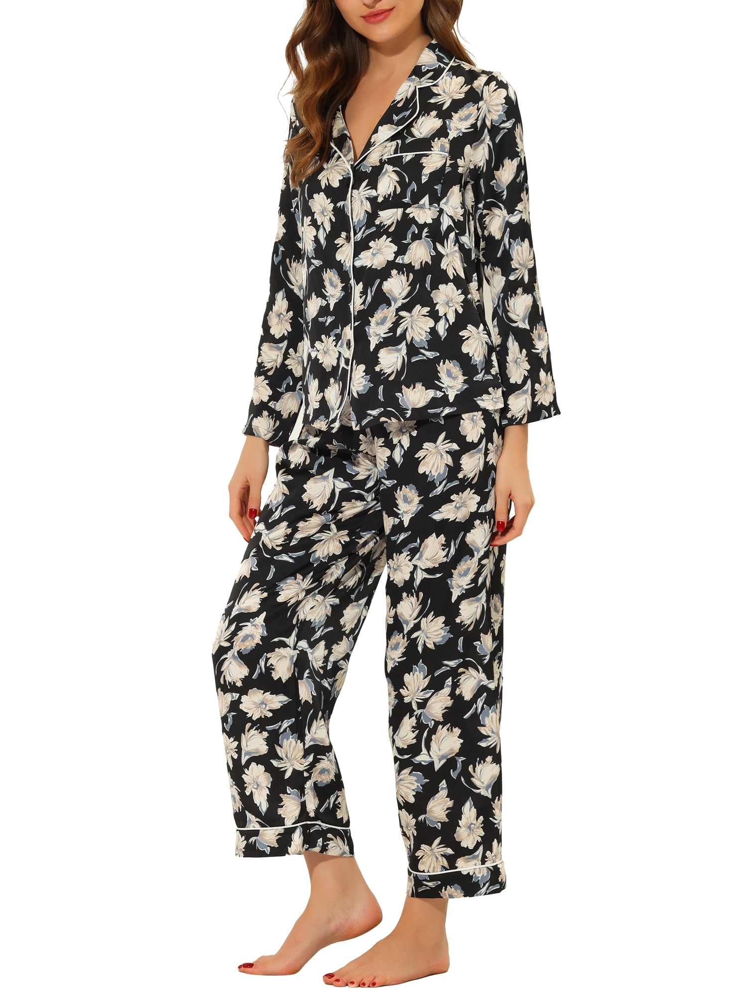 Unique Bargains Women's Pajama Sleep Shirt Nightwear Sleepwear Lounge Satin Pj Sets