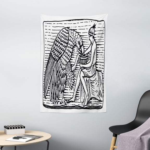 Black and White Tapestry, Hand Drawn Greek Mythology Figure with Giant Eagle Woodcut Sketch, Wall Hanging for Bedroom Living Room Dorm Decor, 40W X 60L Inches, Black and White, by Ambesonne