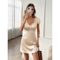 thumbnail image 4 of Apricot Satin Lace-Trimmed V-Neck Petal Sleeve A-Line Mini Dress With Cinched Waist, 4 of 8