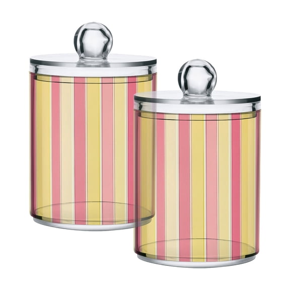 Yayeee 2 Pack Qtip Holder Bathroom Cotton Swab Canister with Lid Clear Dispenser Set, Pink and Yellow Striped Pattern