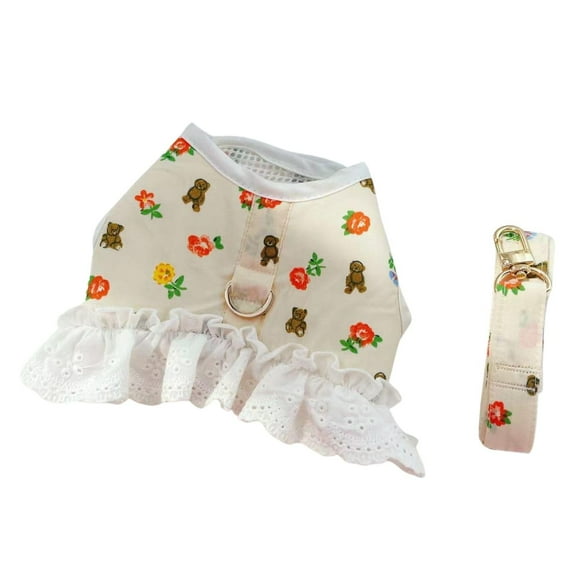 Small Dog Dress Harness Leash Set,Floral Puppy Princess Dresses Holiday Party Costume Outfits for Chihuahua Yorkshire,Pet Harness Vest for for Small Medium Dogs XS