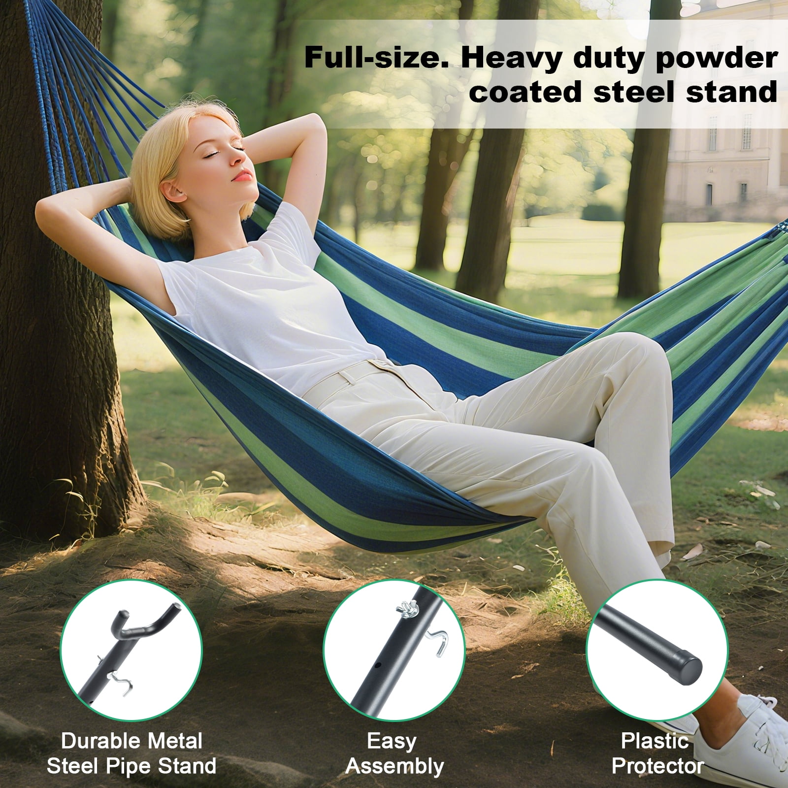 Double Hammock Comfortable for Hanging Sturdy 440lbs Capacity Hammock for Camping Outside Garden Outdoor Indoor Patio Backyard, Blue Green
