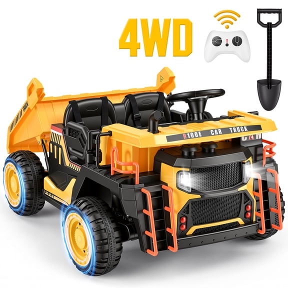 Wisairt 24V Ride On Dump Truck for Kids, 2 Seater 4WD Electric Truck, 4×200W Motors, Power Car Wheel with Remote Control, Automatic Dump Bed, Shovel, Music, Yellow
