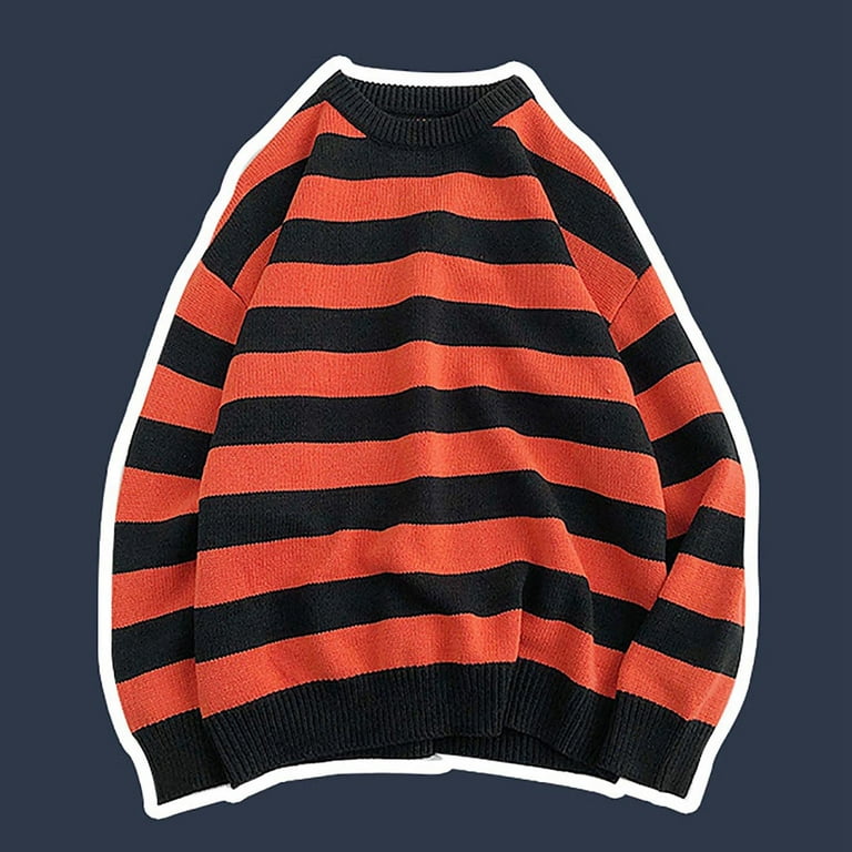 Wotryit Pullover Sweaters for Men Men s Sweater Knit Stripe Round Neck Mens Long Sleeve Sweater Color Orange Size XXL Size 2XL Beige