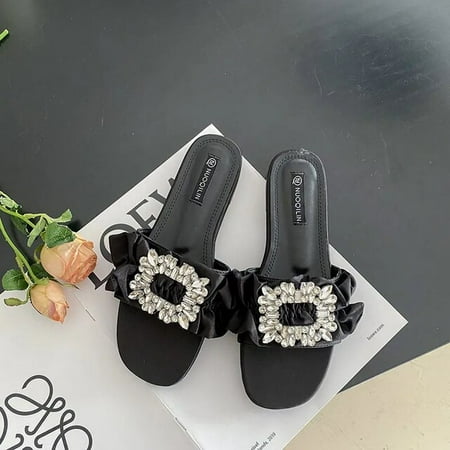 

2023 Women Summer Satin Sandals Crystal Luxury Designer Slippers Pu Casual Flat Shoes Korean Fashion Versatile Morden Sandals