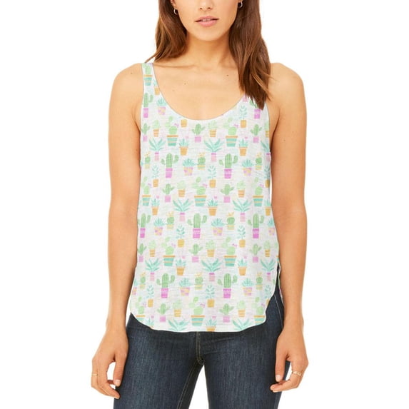 Watercolor Retro Cactus Bold Pastel Pattern Repeat Juniors Flowy Side Slit Tank Top White SM