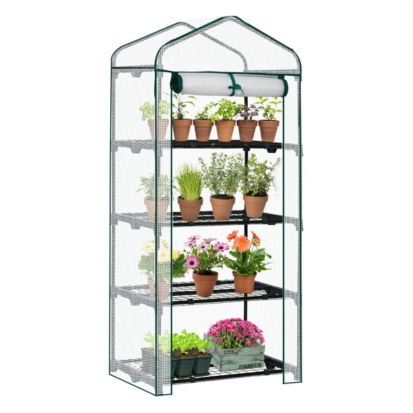 4 Tier Mini Greenhouse with PE Cover & Roll-Up Zipper Door, Portable Waterproof Greenhouse for Garden Backyard, 27" x 19" x 62", White