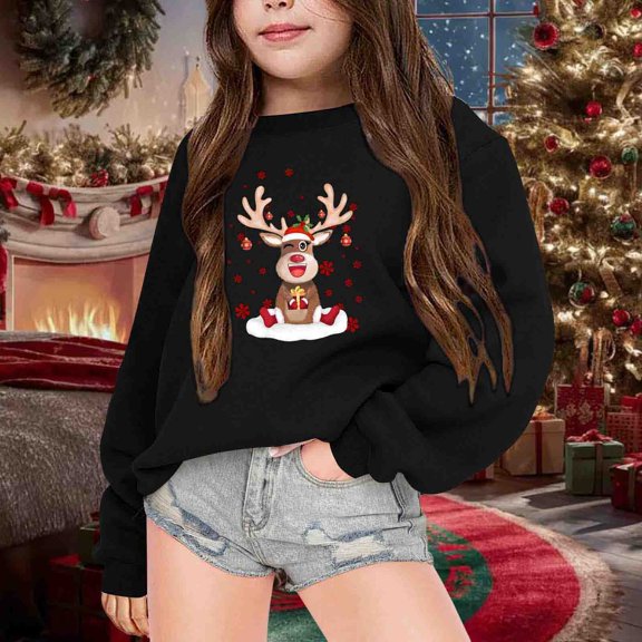 Crewneck Sweatshirt Kids Christmas Print Crew Neck Long Sleeve Sweatshirt Hoodless Top Black 5-6 Years