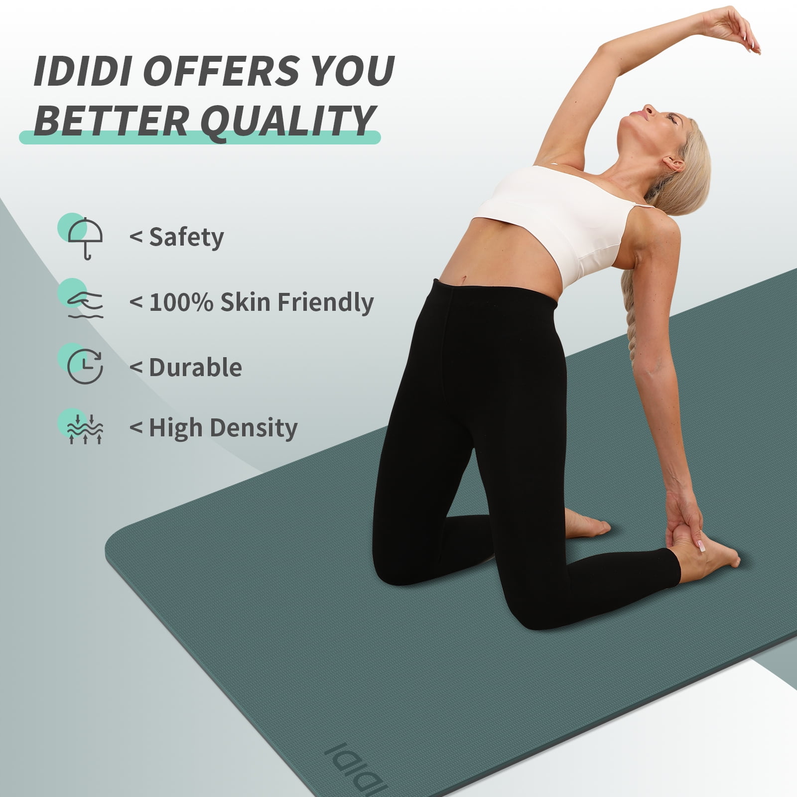 IDIDI Portable Yoga Mat – Travel-Friendly with Strap, 1/3 Inch Thick & Non-Slip – for Home Gym, Workout & Hot Yoga – Exercise Mat for Men, Women & Kids(183x61x0.8cm)(Deep Green+Gray)