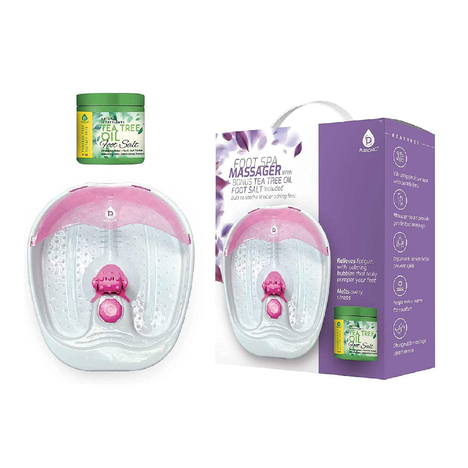 Pursonic HMG700PK Foot Spa Bath Massager with Tea Tree Oil Foot Salts, Pink