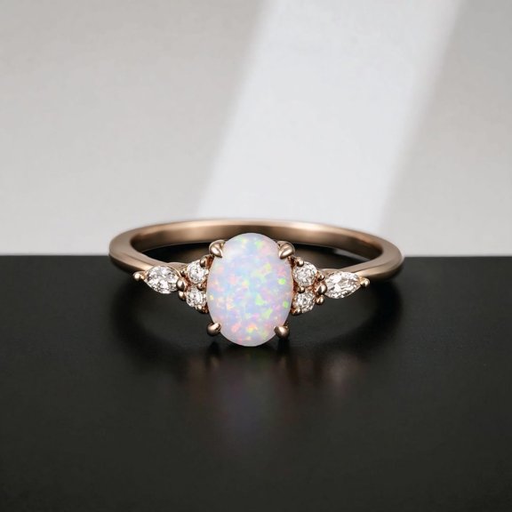 GemEmoprium Oval White Natural Opal Rings 5 ct. t.w. 925 Sterling, Sterling Silver