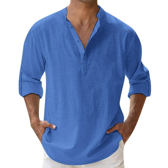 Hpapadks Mens Shirts Summer Long Sleeve Lapel Polo Solid Pullover Blouses Loose Dress Shirts for Men Blue L