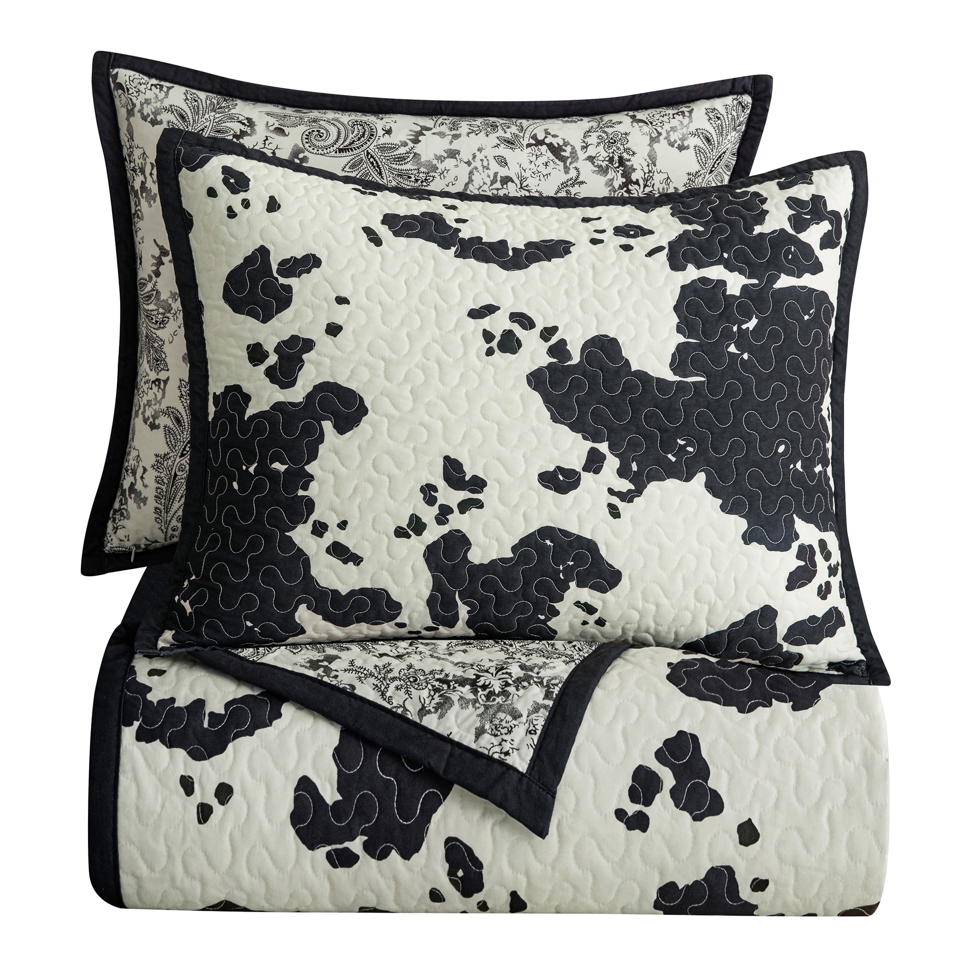 Indigo Hill Clara Cowhide 3 Piece Black Cow Print Reversible Cotton Quilt Set, Western Bedding, Full/Queen