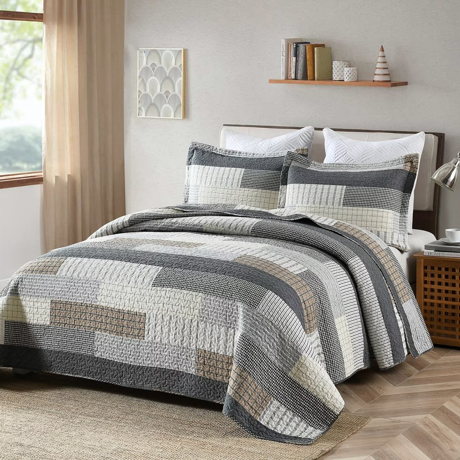 Bedduvit King Size Quilt Set 100 Cotton Beige Gray Brown Patchwork Plaid Striped King Quilt