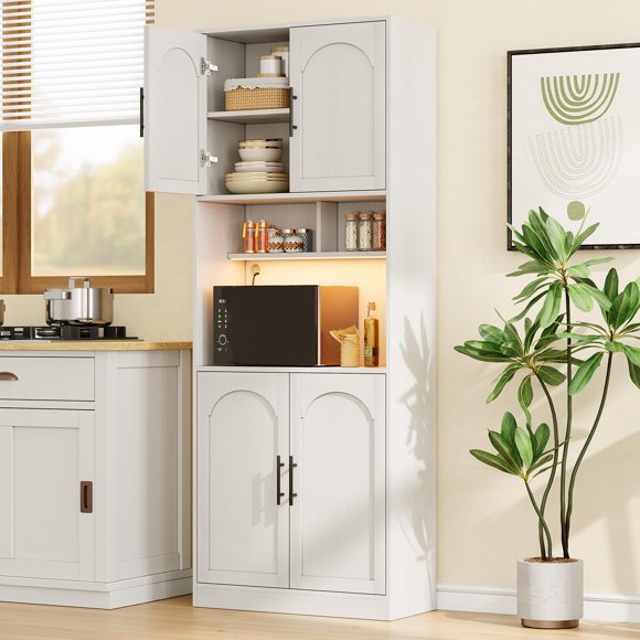 Kitchen Pantry Cabinet with RGB Light, Tall Kitchen Hutch Bar Cabinet with Microwave Stand, Farmhouse Large Wood Storage Cabinet with Barn Doors & 2 Open Shelves, Cupboard for Dining Room, White