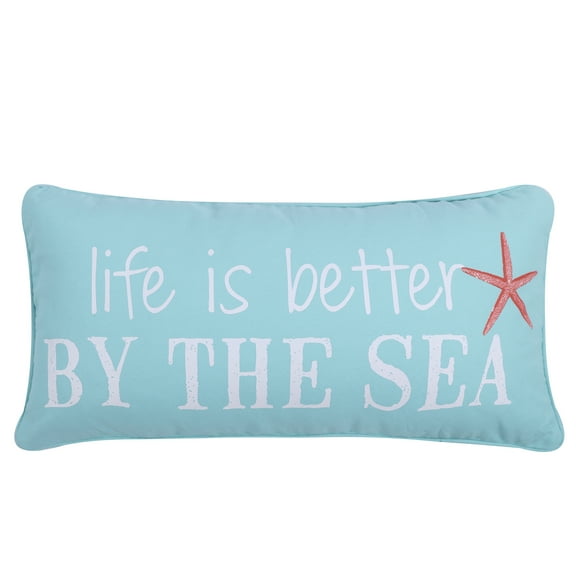 Levtex Home - Decorative Pillow (12 x 24in.) - Life is Better by the Sea - Teal, Coral, and White