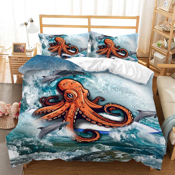 Juego de Funda Nórdica Tamaño King, Surf Pulpo Delfín Ropa de Cama para Niños Niños