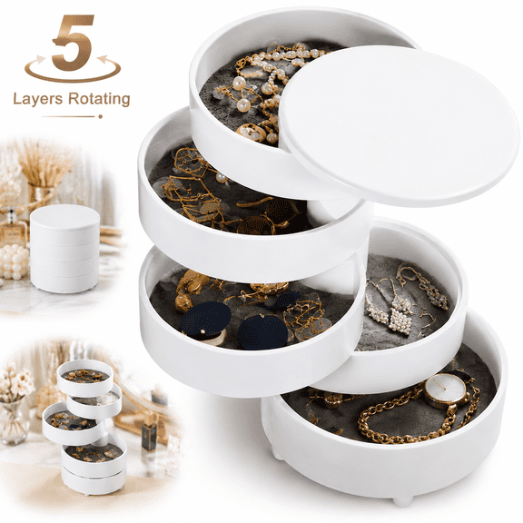 Jewelry Organizer, Small Jewelry Storage Box Earring Holder for Women, 5-Layer Rotating Travel Jewelry Tray Case with Lid for Bracelets Rings Bracelets, Gift for Women (White)