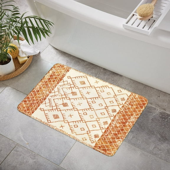 Bathroom Rugs 18x25 inch Orange Distressed Boho Bath Mat Non-Slip Vintage Moroccan Geometric Farmhouse Bath Rug Soft Microfiber Machine Washable Floor Mats for Bathroom Tub Sink Shower