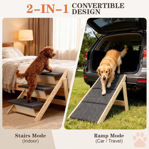 Dog Ramp for High Beds, 2-in-1 Foldable Wooden Pet Stairs with Non-Slip Carpet, Joint-Friendly Steps for Senior Dogs up to 66lbs