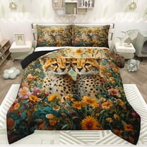 Feelyou Cute Wildlife Cheetah Bedding Comforter Set for Teens, Woodland Animal Leopard Twin Comforter Sets, Groovy Flower Floral Reversible Bedding Set, Luxury Bedroom Decor, 2 Pieces