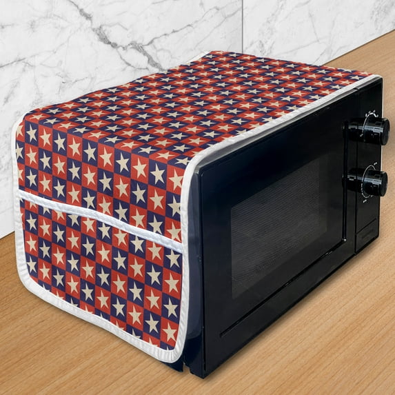 Prehistoric Country Microwave Oven Cover, Checkered Pattern in Navy Red with Stars National Loyalty Design, Water Resistant Organizer with Pockets for Kitchen, 36" x 12", Cream Navy Red, by Ambesonne