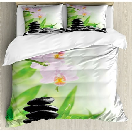 Spa Duvet Cover Set Zen Basalt Stones And Orchid With Dew
