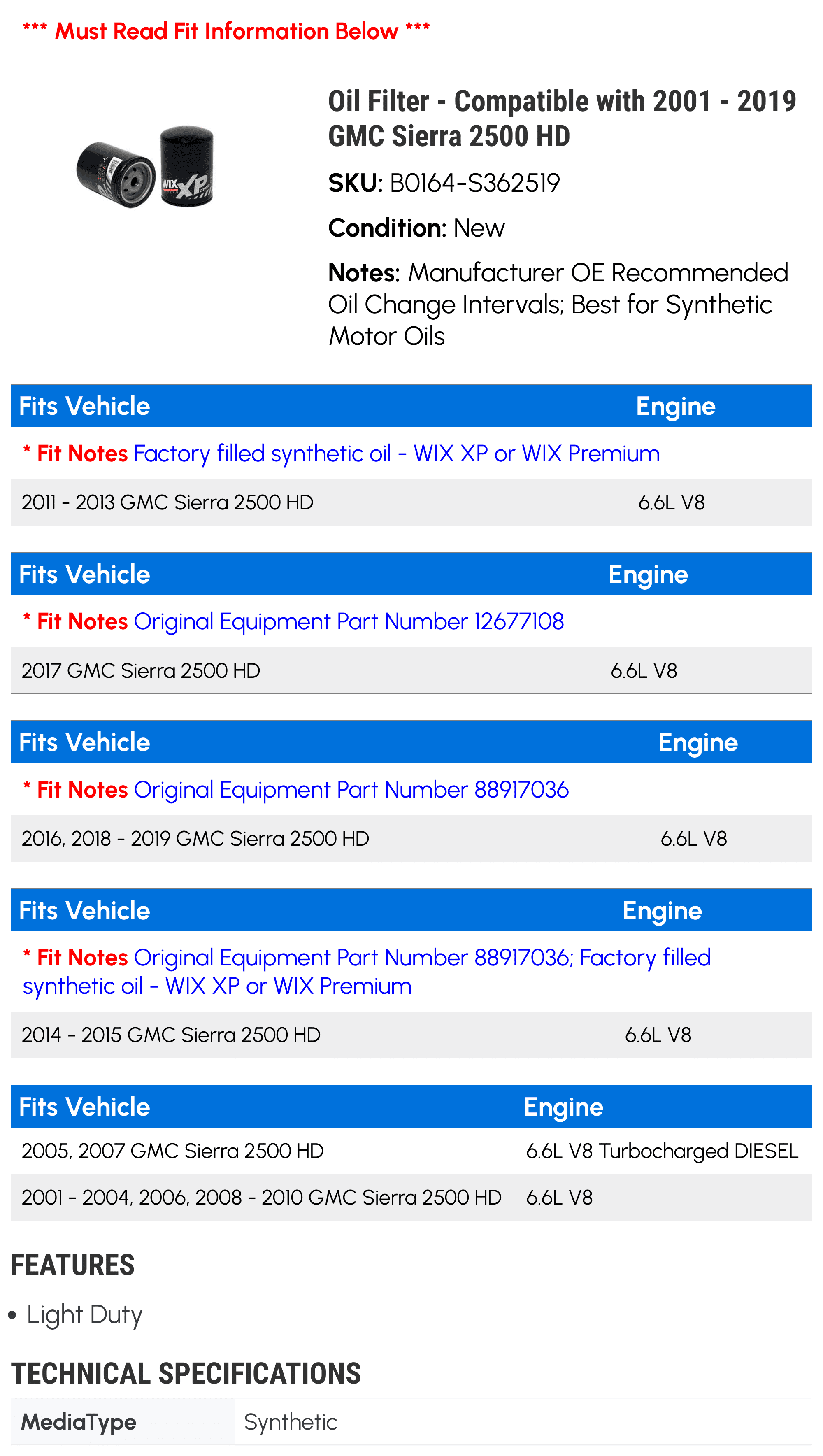 Oil Filter - Compatible with 2001 - 2019 GMC Sierra 2500 HD 2002 2003 2004 2005 2006 2007 2008 2009 2010 2011 2012 2013 2014 2015 2016 2017 2018
