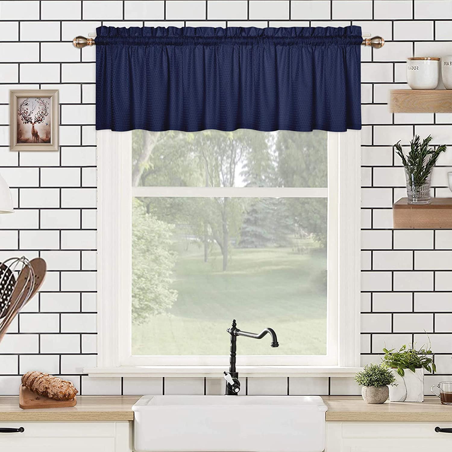 Valances for Kitchen Windows, Embossed Textured Soft Microfiber Tailored Valance Curtains for Bathroom Windows, Navy Blue, 60x15 Inches