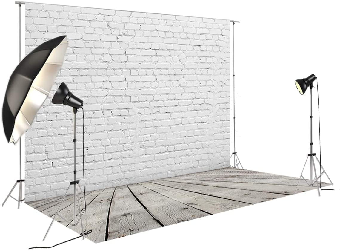 8x8 White Brick Wall with Gray Wooden Floor Photography Backdrop Vinyl Background for Pictures D-2504 