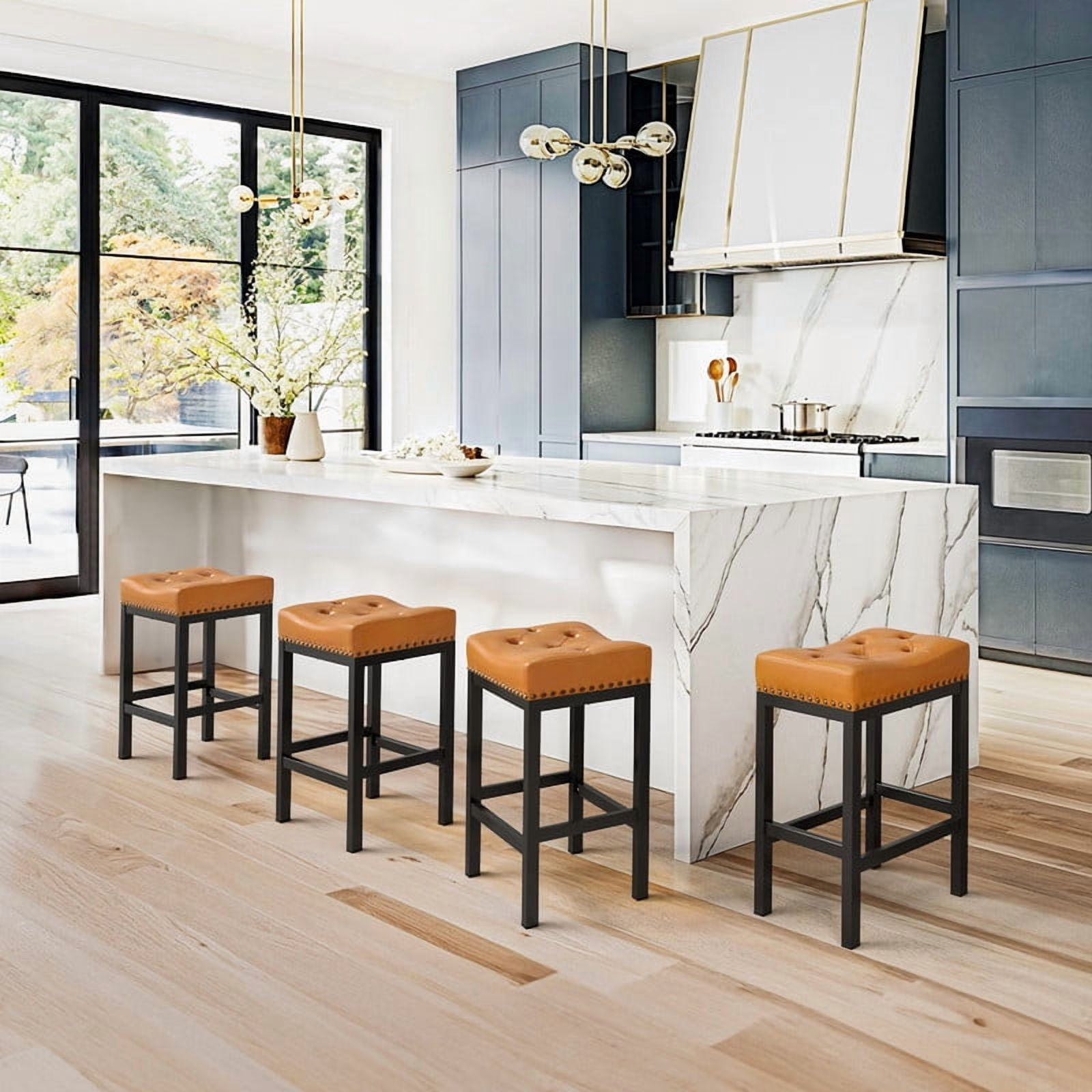 Dycanpo 24” Saddle Bar Stools Set of 3 with Modern Metal Legs, for Home Kitchen, Whiskey Brown