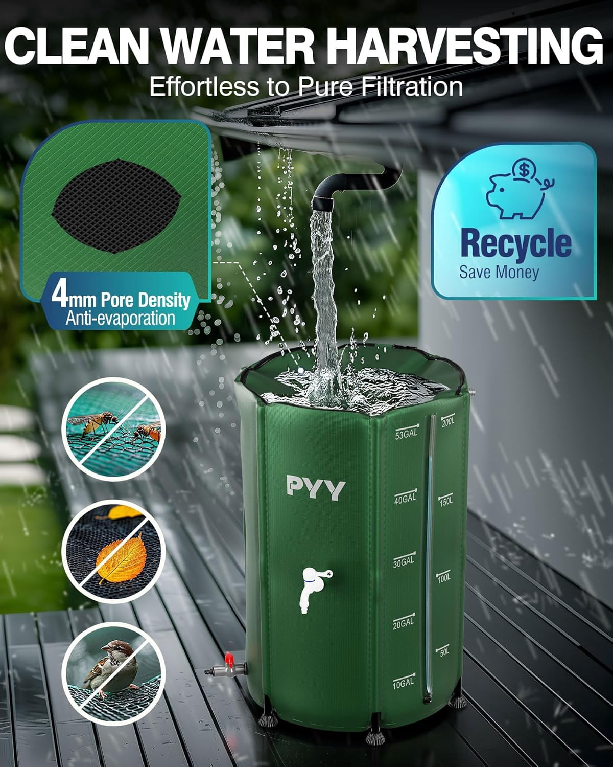53 Gallon Green Rain Water   with Spigots, Hose and Bucket