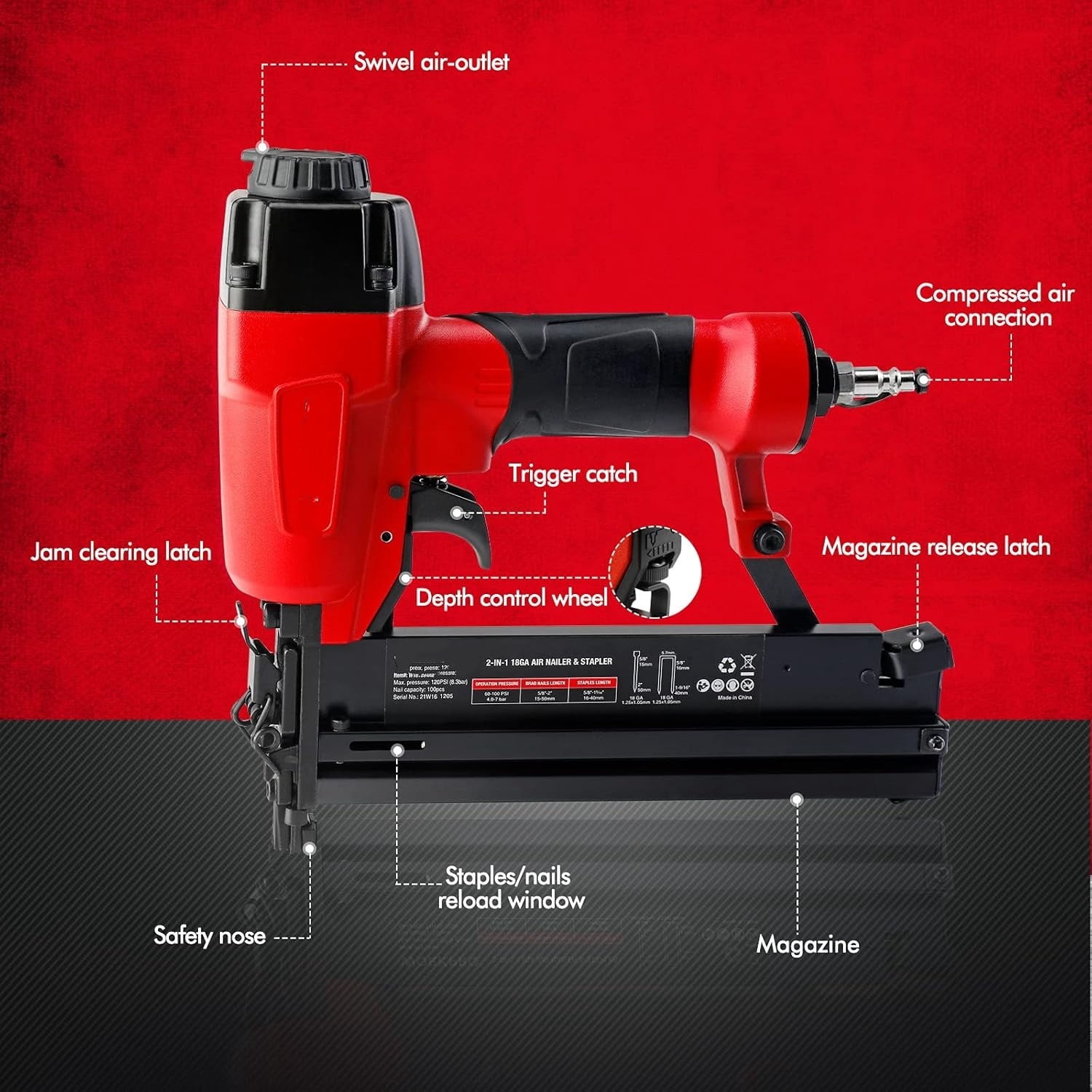 Pneumatic Brad Nailer, 18 GA, 2 in 1 Nail Gun and Crown Stapler, with 400pcs Nails/ 300pcs Staples, for Carpentry, DIY Project, Woodworking