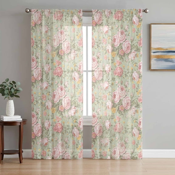 Pink Flowers Semi Sheer Window Curtains 72 Inches Long, Green Country Botanical Floral Leaves Rod Pocket Voile Silky Chiffon Curtain Light Filtering Drapes for Living Room, Kitchen, 52"x72", 2 Panels