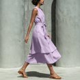 thumbnail image 6 of NTACZA Womens Dresses Summer A-Line Cotton Lien Maxi Sleeveless Flowy Round Neck Front Tie Vacation Casual Ruched Waist Beach Purple XXXL, 6 of 7