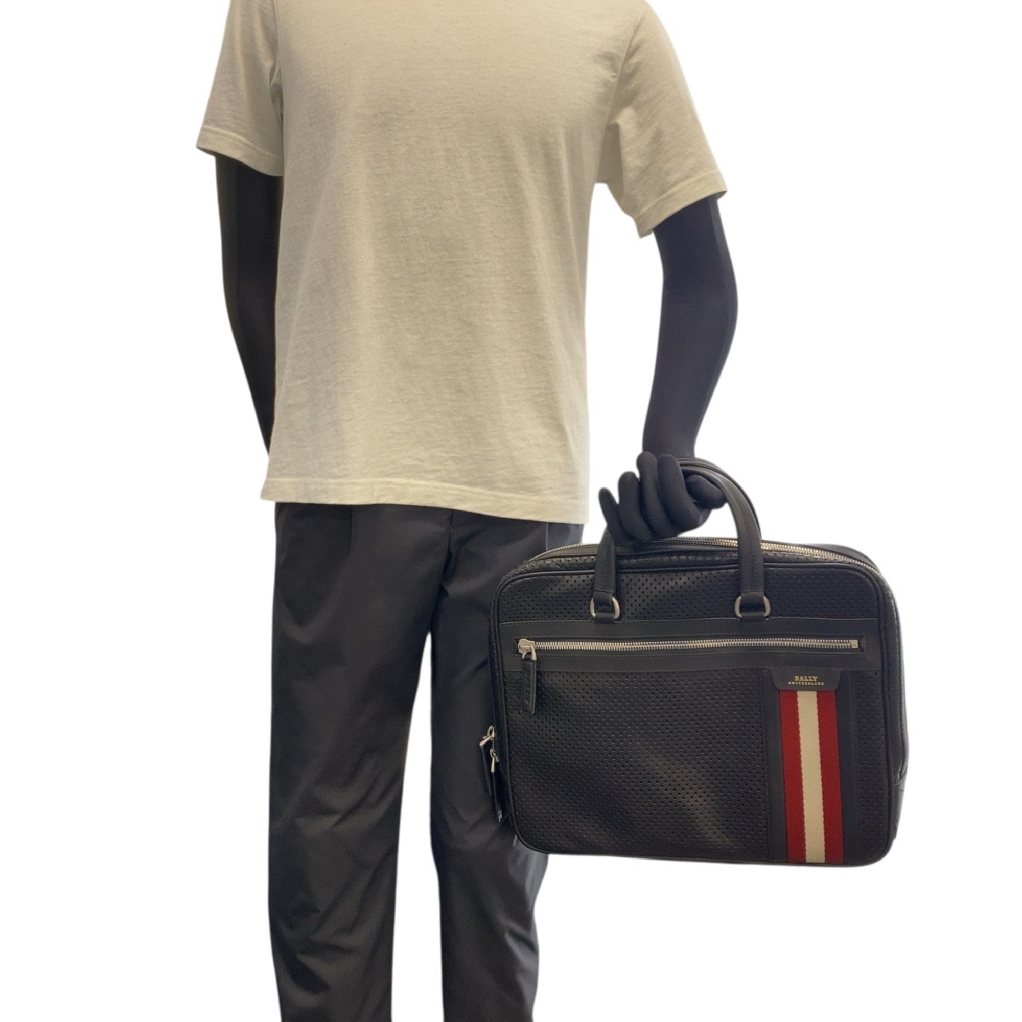 Pre-Owned BALLY HVLK Men's Perforated Black Leather Briefcase with Silver Hardware