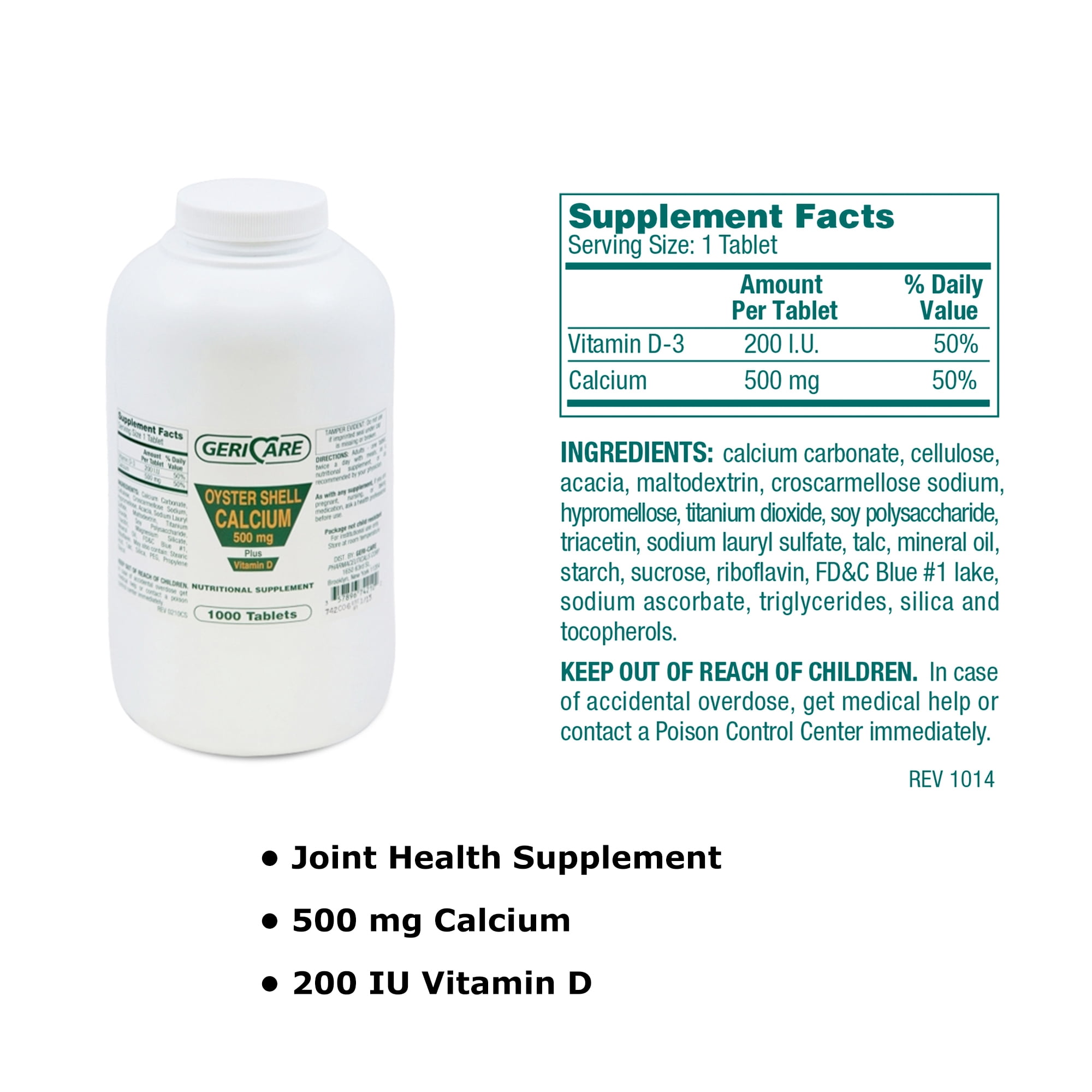 Geri-Care Oyster Shell Calcium Tablets Plus Vitamin - 500 mg, 200 IU Strength, 1000 Ct