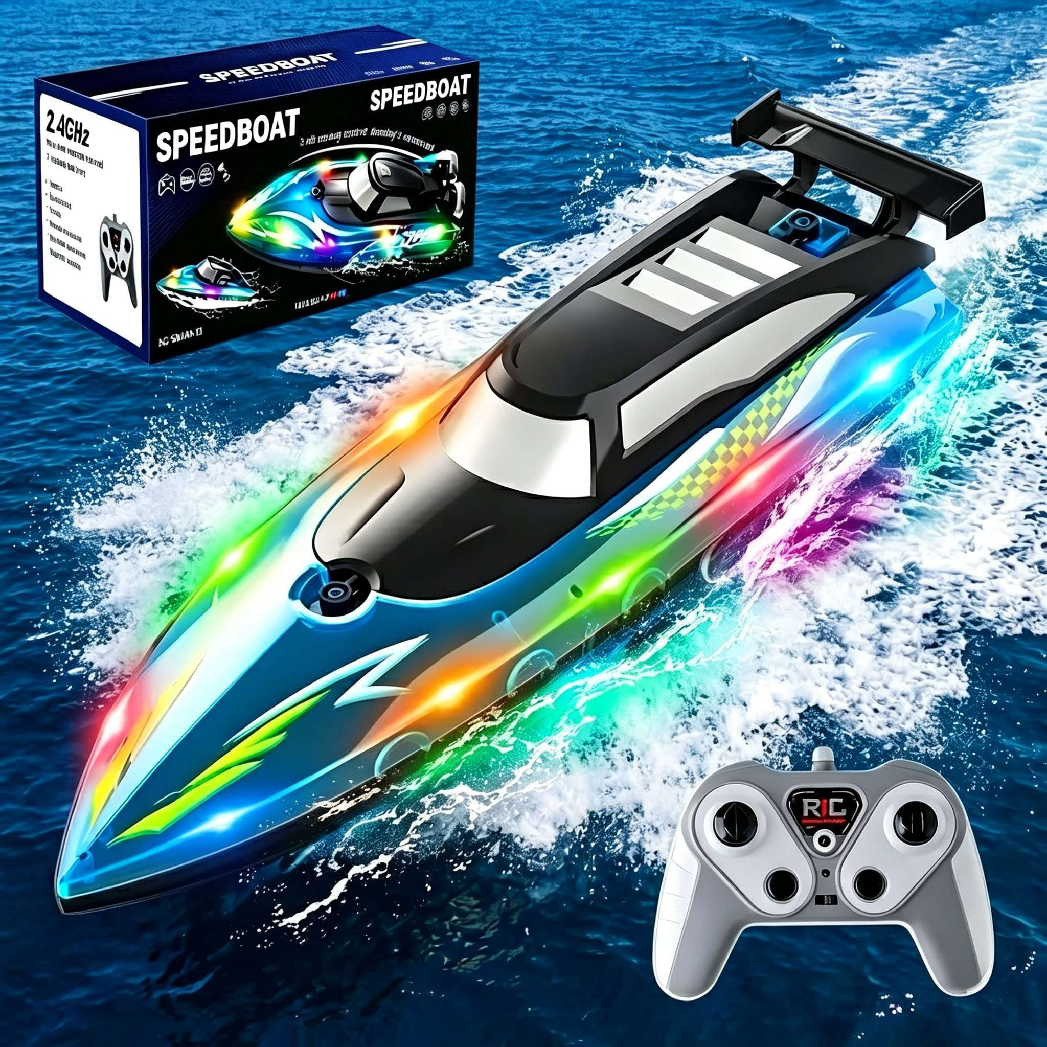 Tigozz RC Boat with LED Lights for Adults and Kids, 2.4GHz Fast Remote Control Speedboat for Lakes and Pools, Motorized High Speed Water Toys, Blue