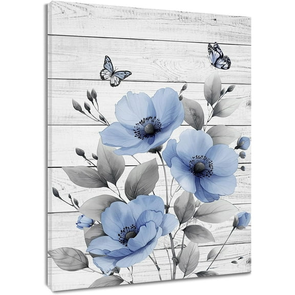 Pink Floral Wall Art for Living Room,Rustic Blue and Orange Flower Butterfly Canvas Wall Art Country Wildflower Nature Plant Botanical Pictures for Bathroom Bedroom Wall Decor,16L X 12W inches