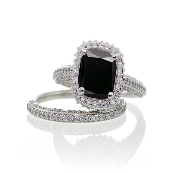 2.5 Carat Cushion Cut Designer Black Diamond and Diamond Halo Wedding Ring Set on 10k White Gold