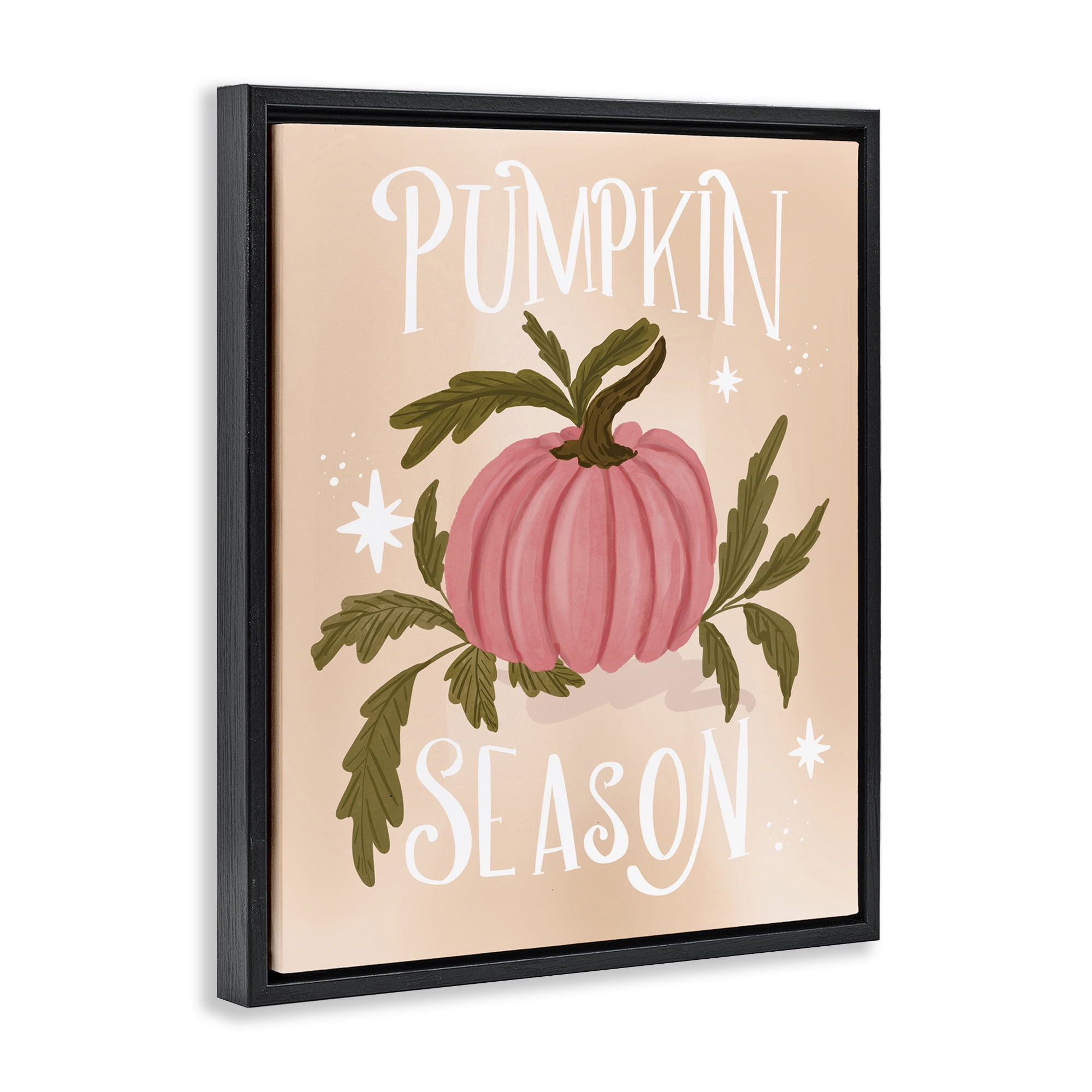 Stupell Industries Pumpkin Season with Leaves Plants & Flowers Painting Black Floater Framed Canvas Art Print Wall Art, 25 x 31
