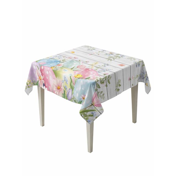 Easter Eggs Table Cloth, Waterproof Tablecloth for Square Tables, Spring Daisy Eucalyptus Leaves Gray Wooden Reusable Washable Fabric Table Cover for Restaurant Kitchen Dining Tables 54"x54"