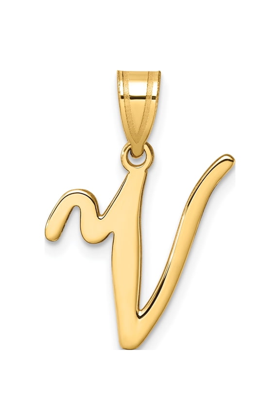14K Yellow Gold Script Letter V Initial Pendant(Length 24.2) - Jbsp